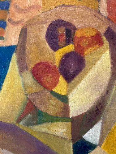 Painting Peinture Abstraite Huile Sur Toile Cubiste Cubisme Nature Morte Fruit