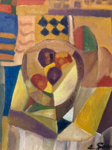 Painting Peinture Abstraite Huile Sur Toile Cubiste Cubisme Nature Morte Fruit