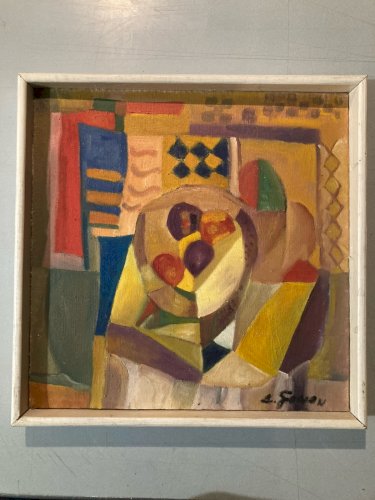 Painting Peinture Abstraite Huile Sur Toile Cubiste Cubisme Nature Morte Fruit
