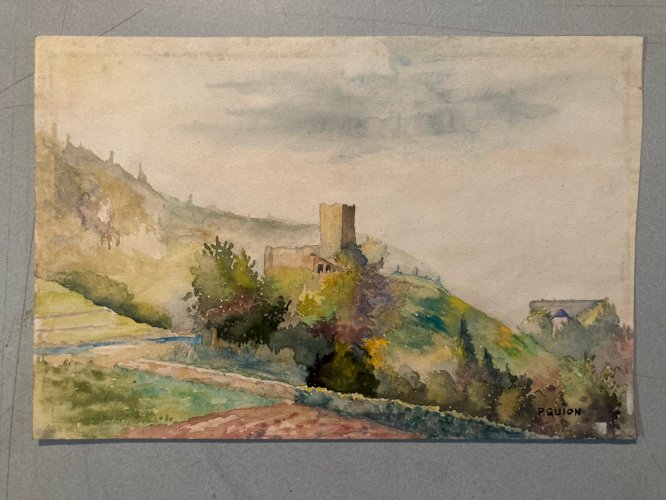 Painting Peinture Aquarelle Papier XIXe Chateau Fort Ruine Paysage Romantique