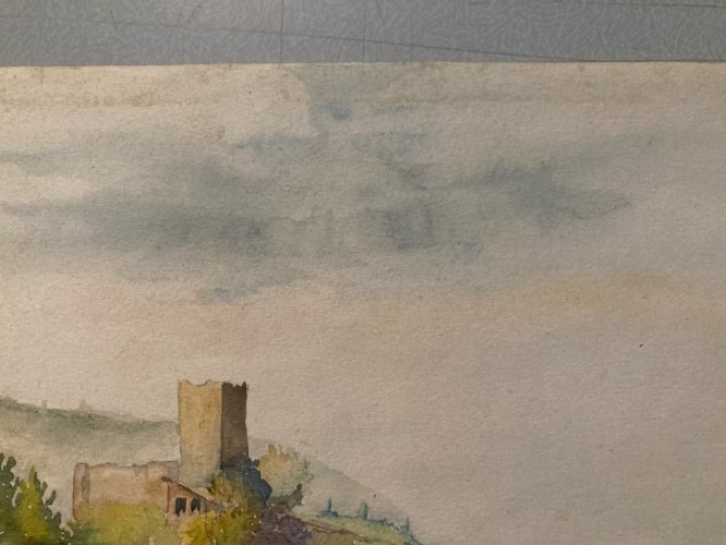 Painting Peinture Aquarelle Papier XIXe Chateau Fort Ruine Paysage Romantique