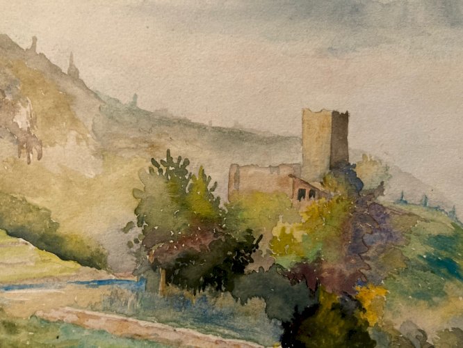 Painting Peinture Aquarelle Papier XIXe Chateau Fort Ruine Paysage Romantique