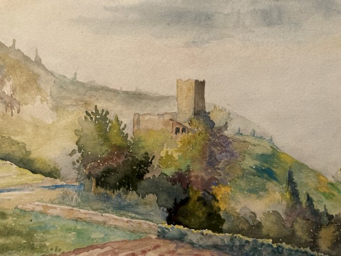 Painting Peinture Aquarelle Papier XIXe Chateau Fort Ruine Paysage Romantique
