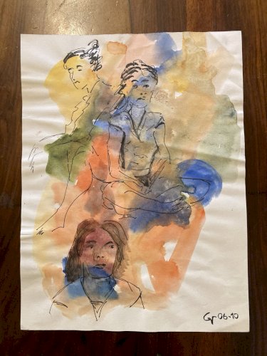 Painting Peinture Art Papier Couleur Femme 2000 portrait A Identifier XXe Homme