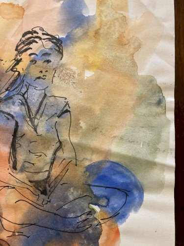 Painting Peinture Art Papier Couleur Femme 2000 portrait A Identifier XXe Homme