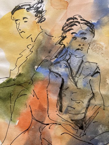 Painting Peinture Art Papier Couleur Femme 2000 portrait A Identifier XXe Homme