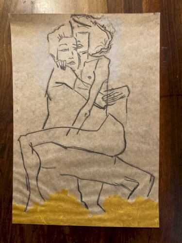 Painting Peinture Art Papier Kraft Femme 1980 portrait A Identifier XXe Homme