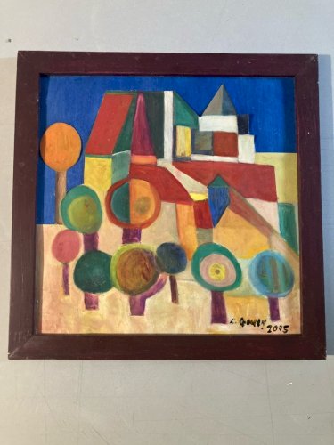 Painting Peinture Collage Abstraite Huile Sur panneau Cubiste Cubisme Arbre