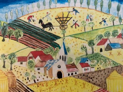 Painting peinture Gouache Art Brut  À Identifier FP Naïf Village Bretagne ? 1970