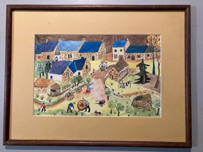 Painting peinture Gouache Art Brut  À Identifier FP Naïf Village Bretagne?  1970
