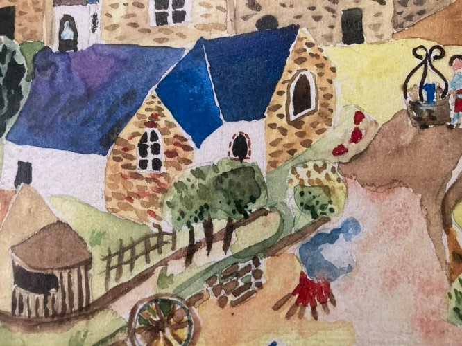 Painting peinture Gouache Art Brut  À Identifier FP Naïf Village Bretagne?  1970