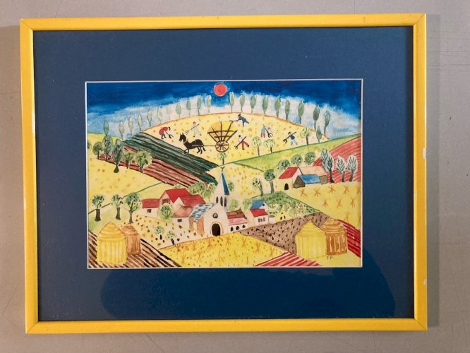 Painting peinture Gouache Art Brut  À Identifier FP Naïf Village Bretagne ? 1970