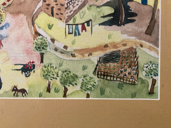 Painting peinture Gouache Art Brut  À Identifier FP Naïf Village Bretagne?  1970