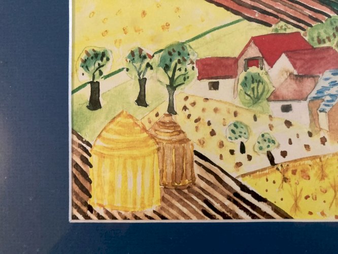 Painting peinture Gouache Art Brut  À Identifier FP Naïf Village Bretagne ? 1970