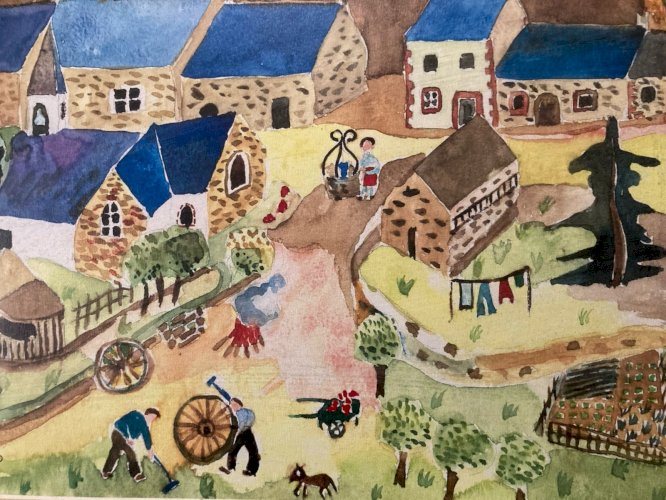 Painting peinture Gouache Art Brut  À Identifier FP Naïf Village Bretagne?  1970