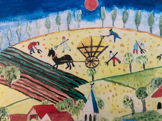 Painting peinture Gouache Art Brut  À Identifier FP Naïf Village Bretagne ? 1970