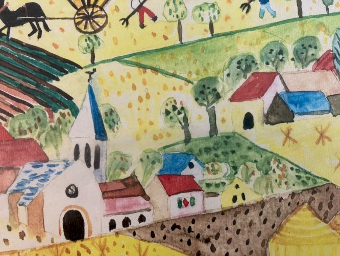 Painting peinture Gouache Art Brut  À Identifier FP Naïf Village Bretagne ? 1970