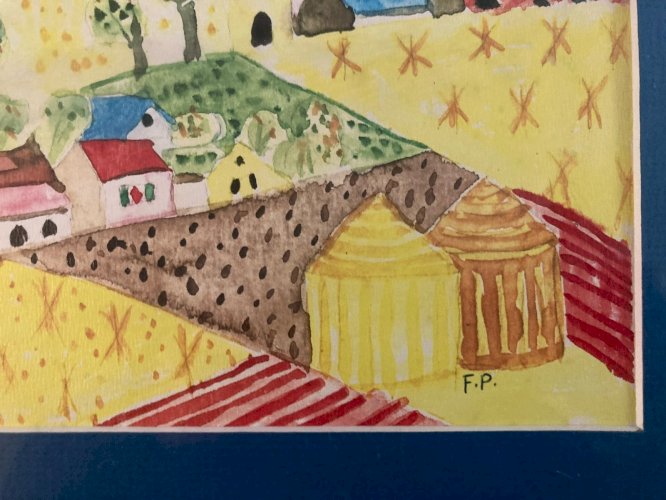 Painting peinture Gouache Art Brut  À Identifier FP Naïf Village Bretagne ? 1970