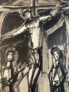 Gouache painting Michel Henry Jesus Christ Religion Old 1955 Old Art
