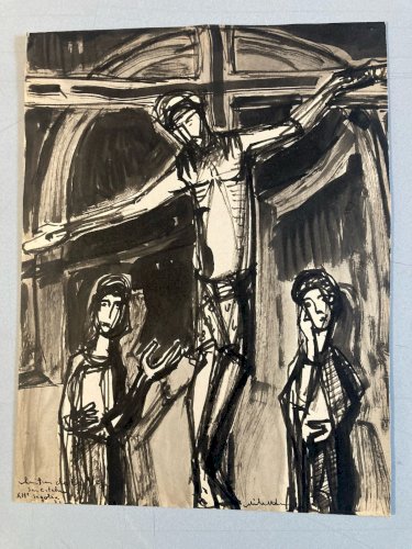 Painting Peinture gouache Michel Henry Jesus Christ Religion Ancien 1955 Old Art