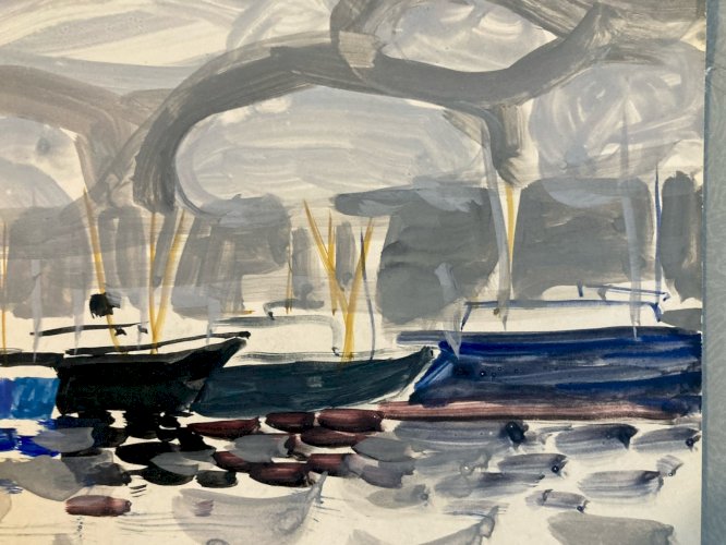 Painting Peinture gouache Michel Henry Marine Bateau Mer Ancien 1950 Old Art XXe