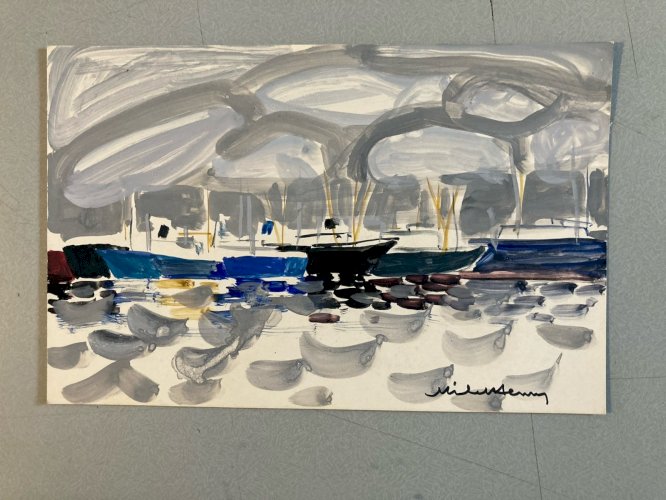 Painting Peinture gouache Michel Henry Marine Bateau Mer Ancien 1950 Old Art XXe