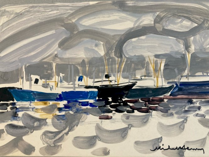 Painting Peinture gouache Michel Henry Marine Bateau Mer Ancien 1950 Old Art XXe
