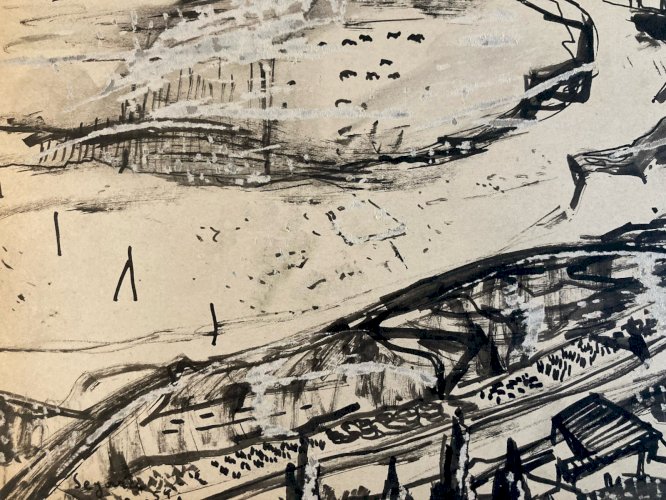 Painting Peinture gouache Michel Henry Paysage Village Ancien 1950 Old Art XXe