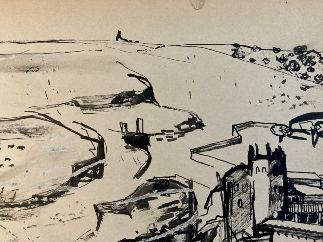 Painting Peinture gouache Michel Henry Paysage Village Ancien 1950 Old Art XXe