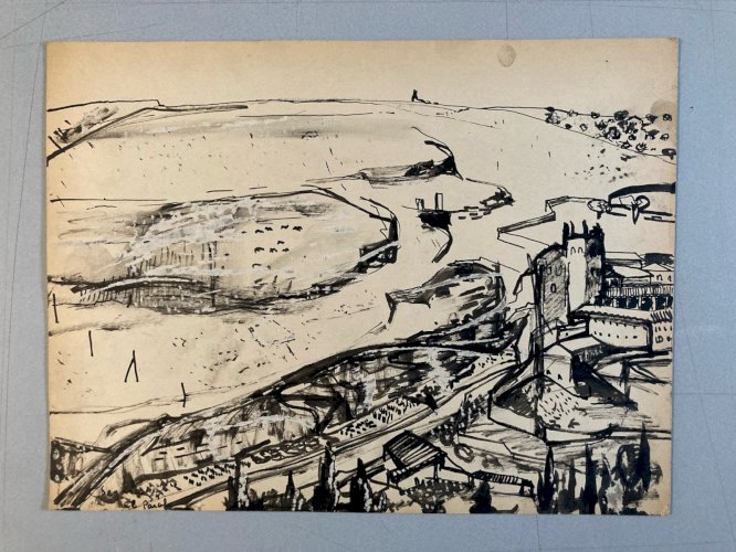 Painting Peinture gouache Michel Henry Paysage Village Ancien 1950 Old Art XXe