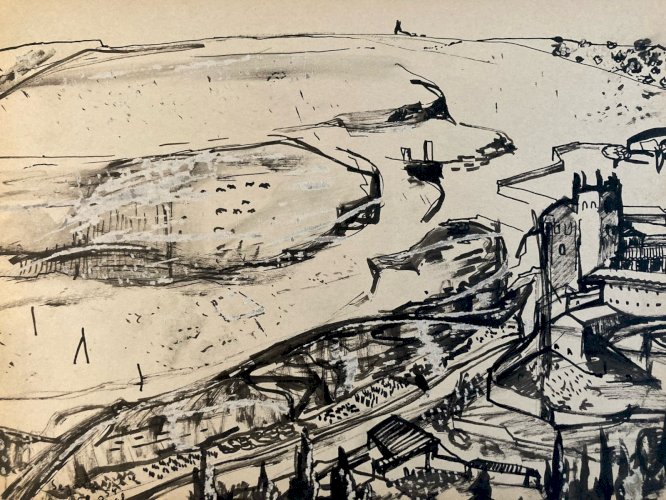 Painting Peinture gouache Michel Henry Paysage Village Ancien 1950 Old Art XXe