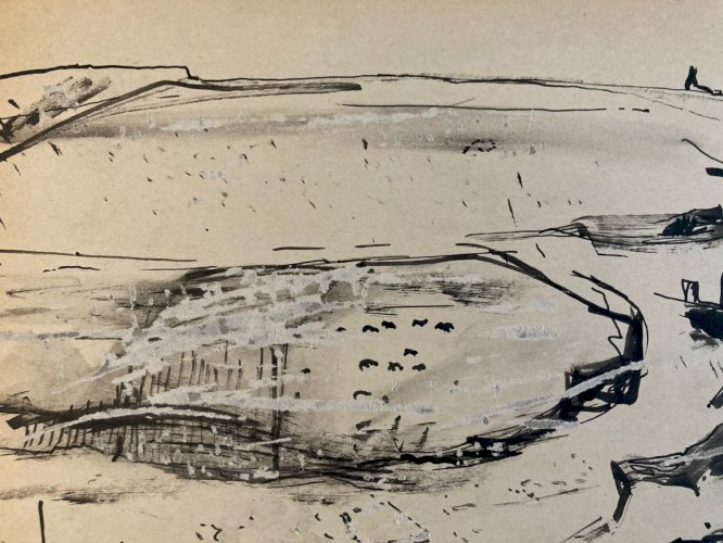 Painting Peinture gouache Michel Henry Paysage Village Ancien 1950 Old Art XXe