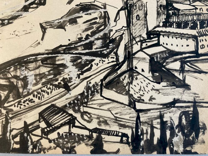 Painting Peinture gouache Michel Henry Paysage Village Ancien 1950 Old Art XXe