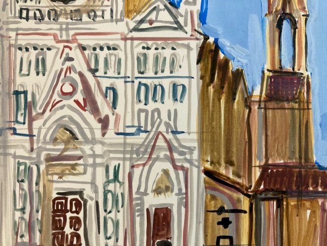 Painting Peinture gouache Michel Henry Santa Croce Florence Italie 1955 Old Art