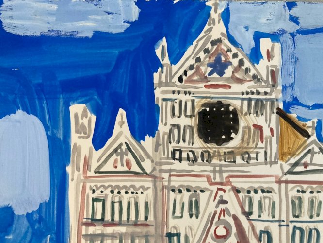 Painting Peinture gouache Michel Henry Santa Croce Florence Italie 1955 Old Art