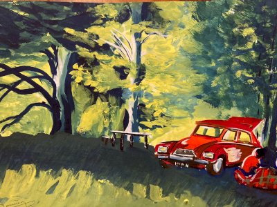 Painting Gouache Paper 1970 Art Car 2CV Two Horses Landscape 20th Century
