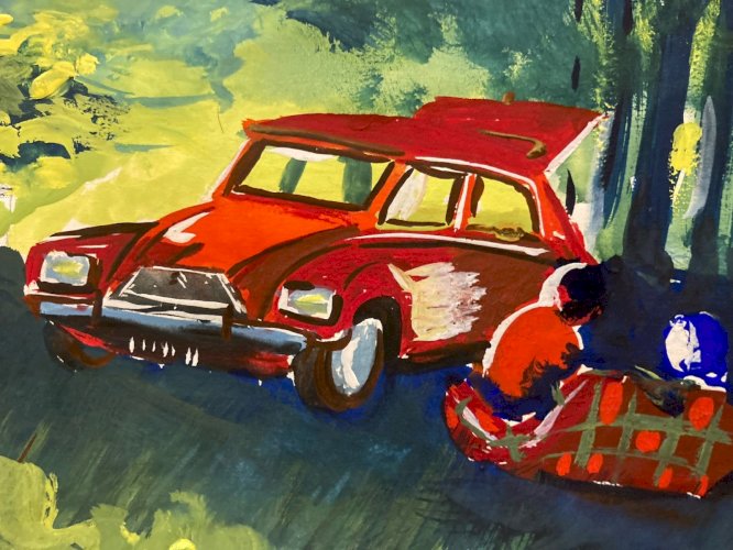 Painting Peinture Gouache  Papier 1970 Art Voiture 2cv Deux Chevaux Paysage XXe