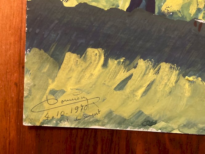 Painting Peinture Gouache  Papier 1970 Art Voiture 2cv Deux Chevaux Paysage XXe