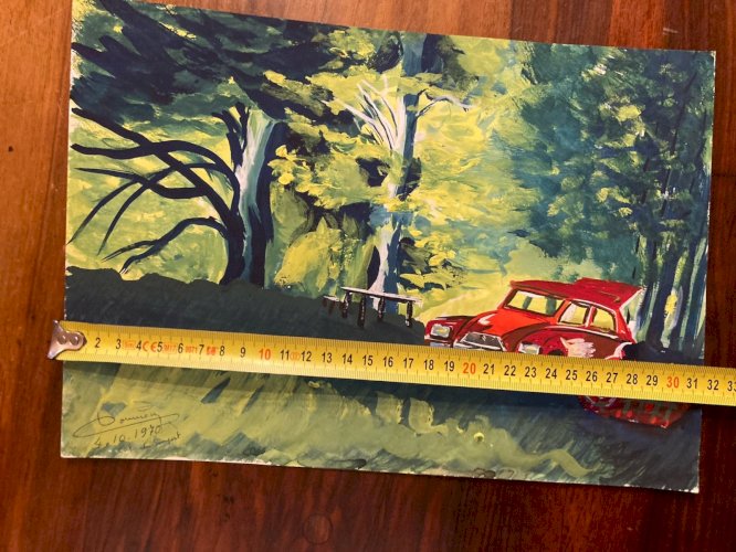 Painting Peinture Gouache  Papier 1970 Art Voiture 2cv Deux Chevaux Paysage XXe