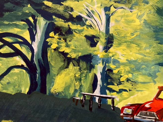 Painting Peinture Gouache  Papier 1970 Art Voiture 2cv Deux Chevaux Paysage XXe