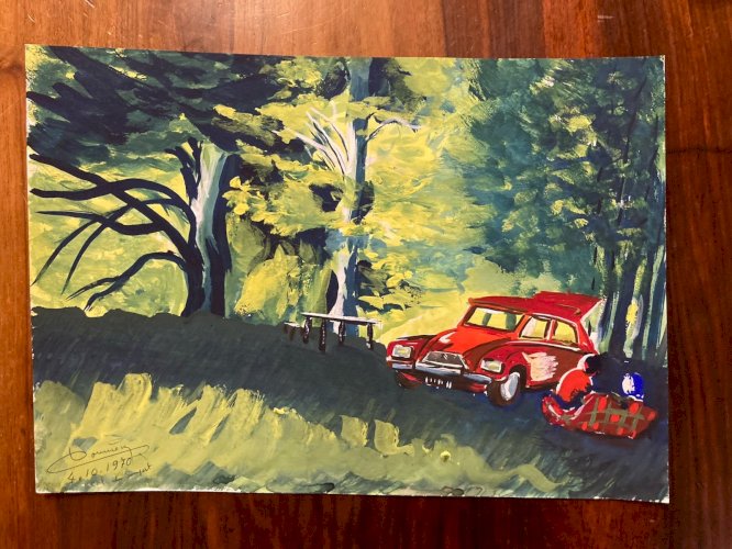 Painting Peinture Gouache  Papier 1970 Art Voiture 2cv Deux Chevaux Paysage XXe