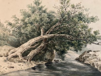 Painting Gouache Paper 19th Century Romanticism Landscape Tree River Old Art