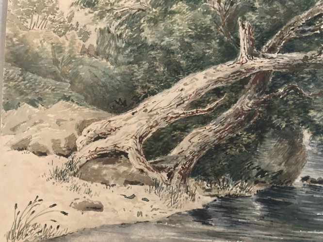 Painting Peinture Gouache Papier XIXe Romantisme Paysage Arbre Riviere Old Art