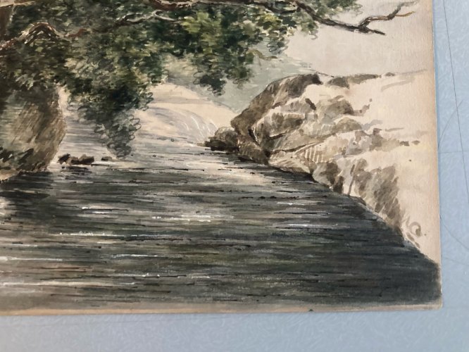 Painting Peinture Gouache Papier XIXe Romantisme Paysage Arbre Riviere Old Art