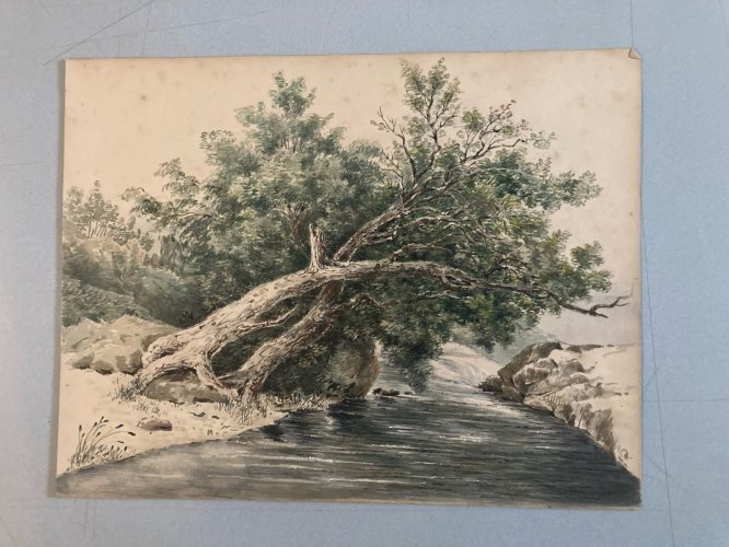 Painting Peinture Gouache Papier XIXe Romantisme Paysage Arbre Riviere Old Art