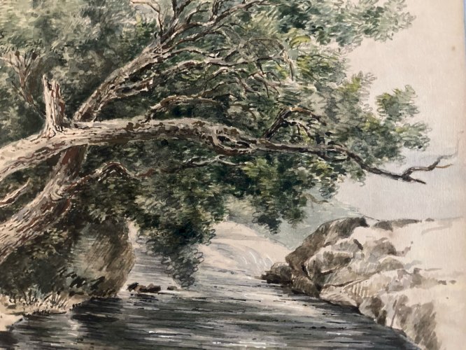 Painting Peinture Gouache Papier XIXe Romantisme Paysage Arbre Riviere Old Art