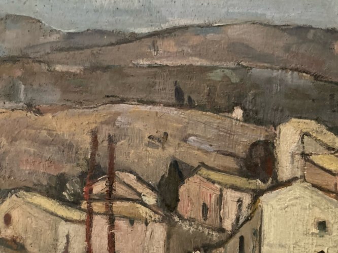 Painting peinture huile panneau Bois Paysage Village Espagne? 1950 A Identifier