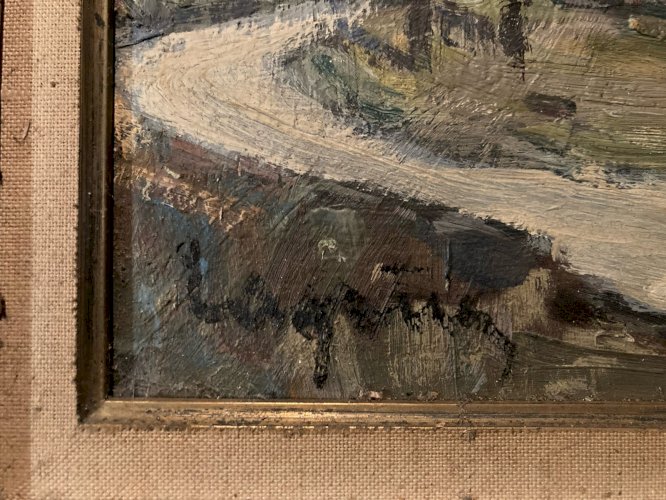 Painting peinture huile panneau Bois Paysage Village Espagne? 1950 A Identifier