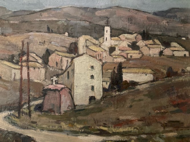 Painting peinture huile panneau Bois Paysage Village Espagne? 1950 A Identifier