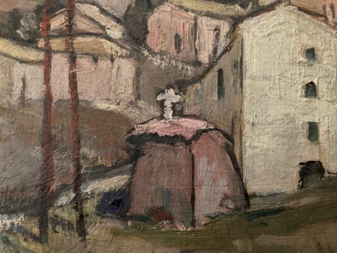 Painting peinture huile panneau Bois Paysage Village Espagne? 1950 A Identifier